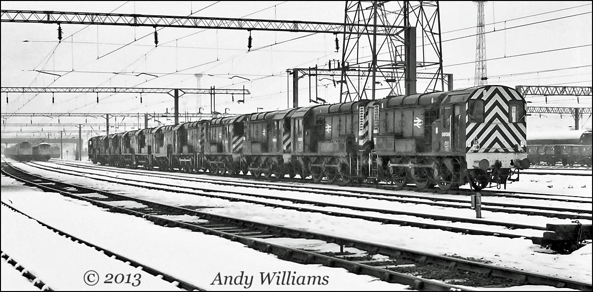 Row of twelve Class 08s at Bescot